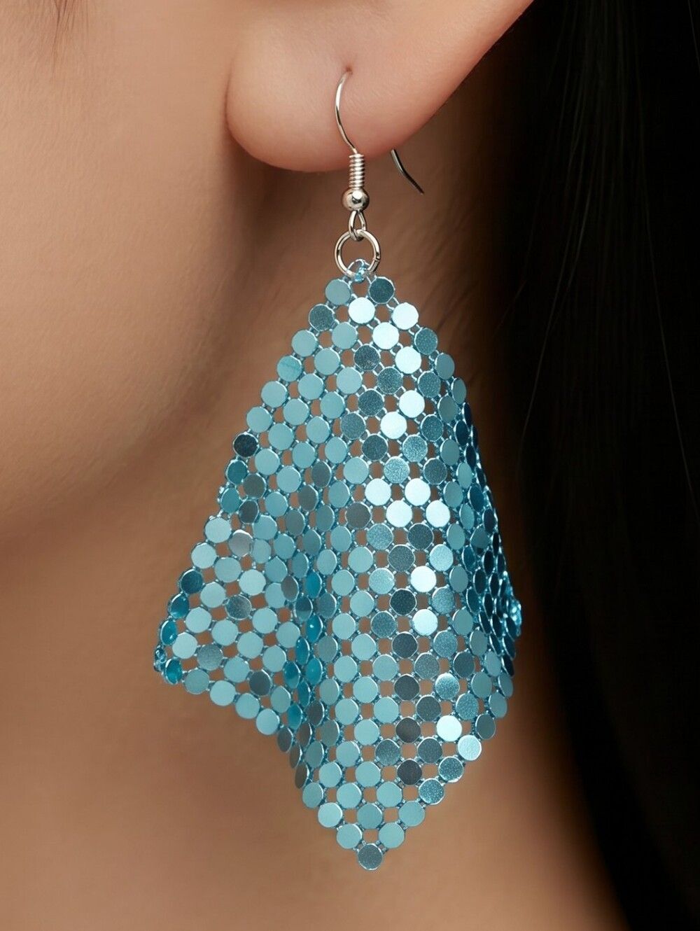Turquoise Aqua Blue Sparkly Sequin Mesh Statement Dangle Earrings Party Glam
